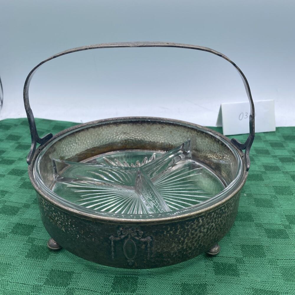 ANTIQUE Silver Plate Motif / Tri Divided Glass Bowl Server